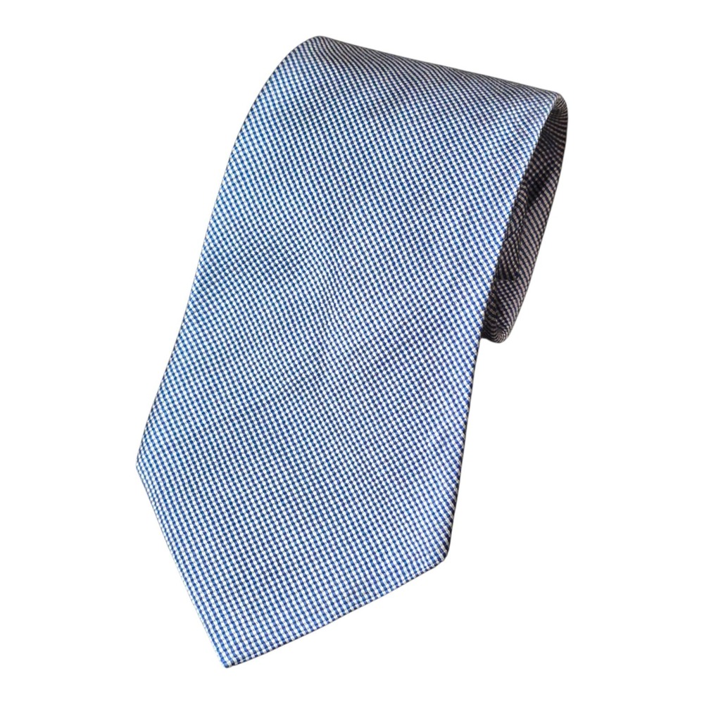 Polo Ralph‎ Lauren Handmade Italy Silk Cotton Blue Micro Check Necktie Preppy